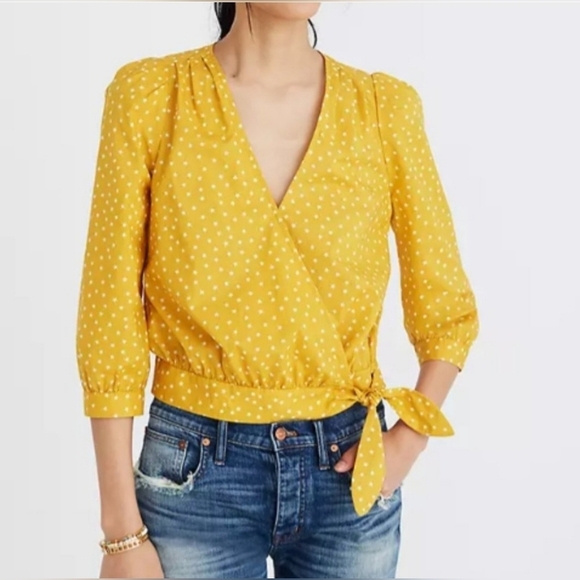 Madewell Wrap Star Print Blouse Size M Mustard Yellow - Picture 1 of 11